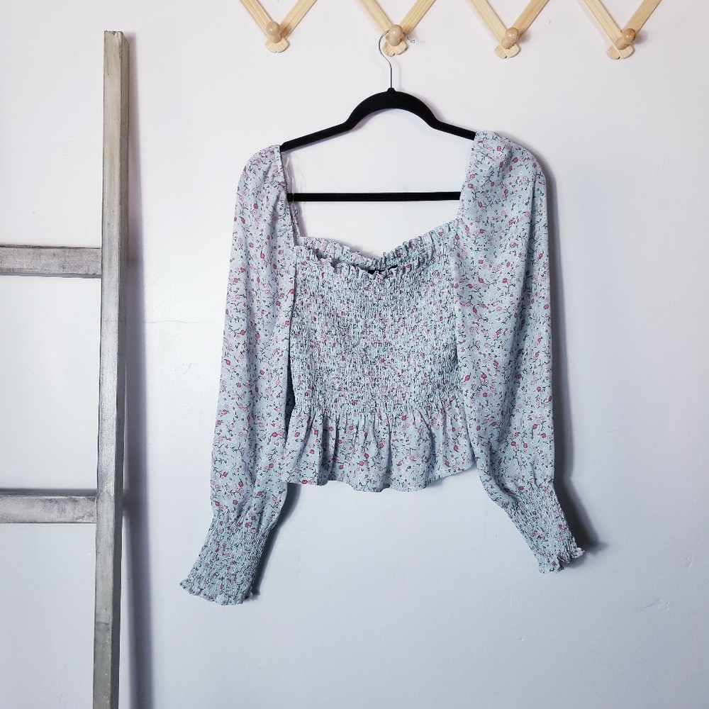 NWT SHINESTAR BLUE WITH PINK FLOWERS CROP TOP SIZE LARGE